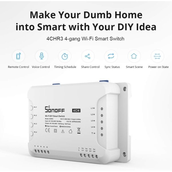 SONOFF 4CHR3 4 Channel WiFi Smart Switch, Smart Switch Works with Alexa, Google Home, Inching Self-Locking Interlock, Time Function - Image 2