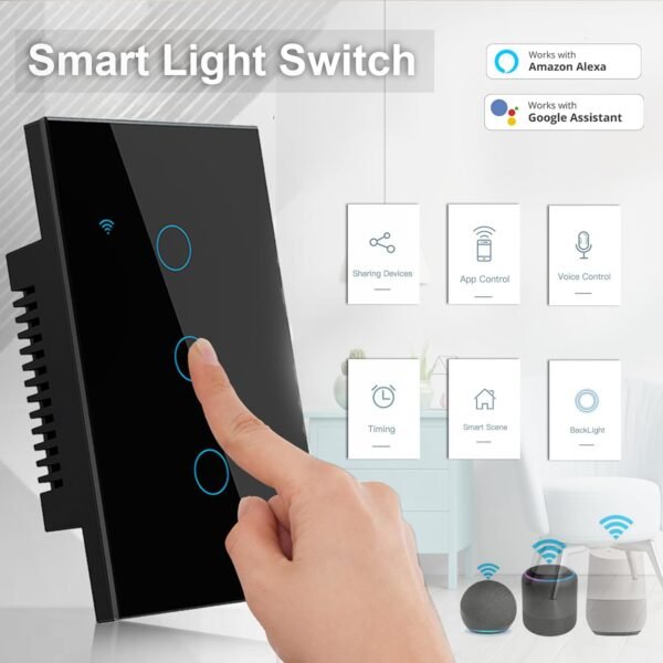 Tuya smart touch switch 3 Gang Wi-Fi Smart wall switch, Glass Panel, Home Automation, 2.4GHz Touch Switches, Remote Control Tuya App, Work with Alexa, Google Home (Switch 3 Gang Black) - Image 3